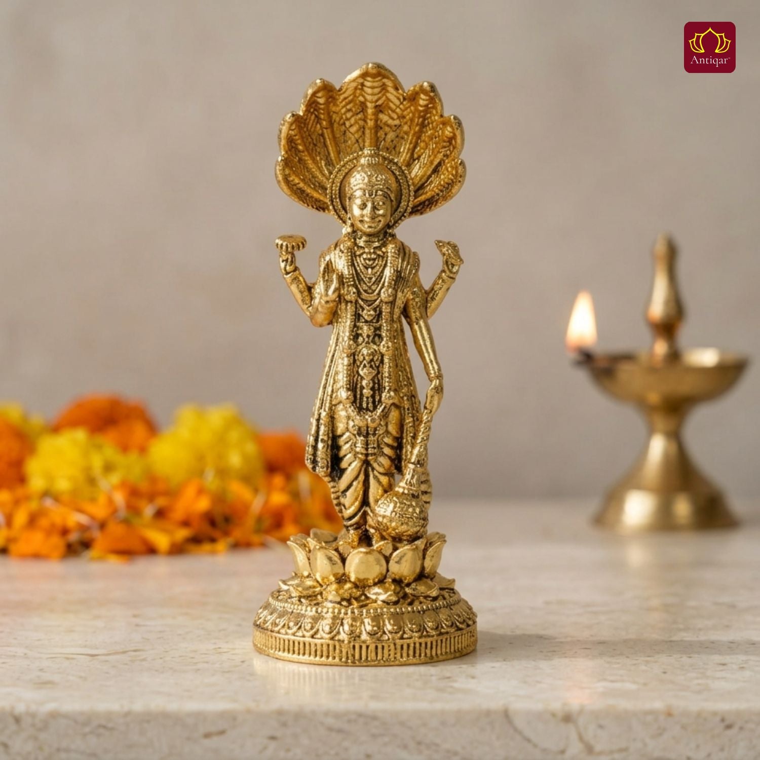 Brass Vishnu Ji Idol - 9cm| Standing on Lotus | GoldenFinish | Spiritual Decor for Temple, Home & Car Dashboard
