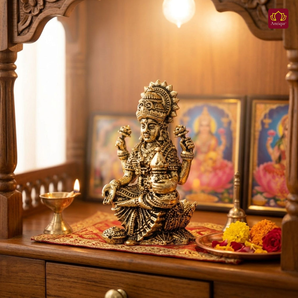 Brass Lakshmi JI Idol - 5cm | Golden Finish | Spiritual Decor for Temple, Home & Car Dashboard