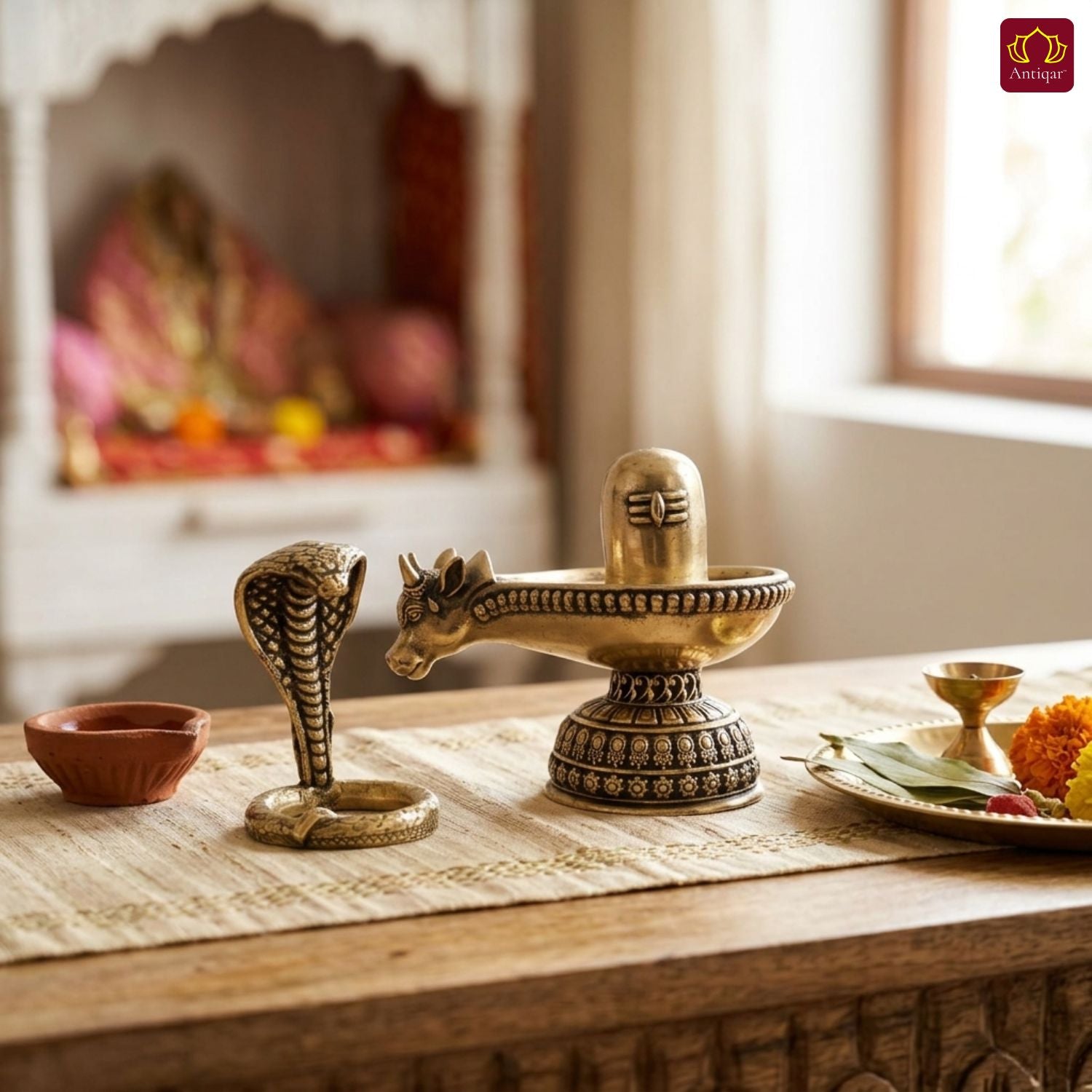 Brass Shivling with Detachable Sheshnaag – 8cm | Golden Finish | Spiritual Idol for Temple & Home Decor