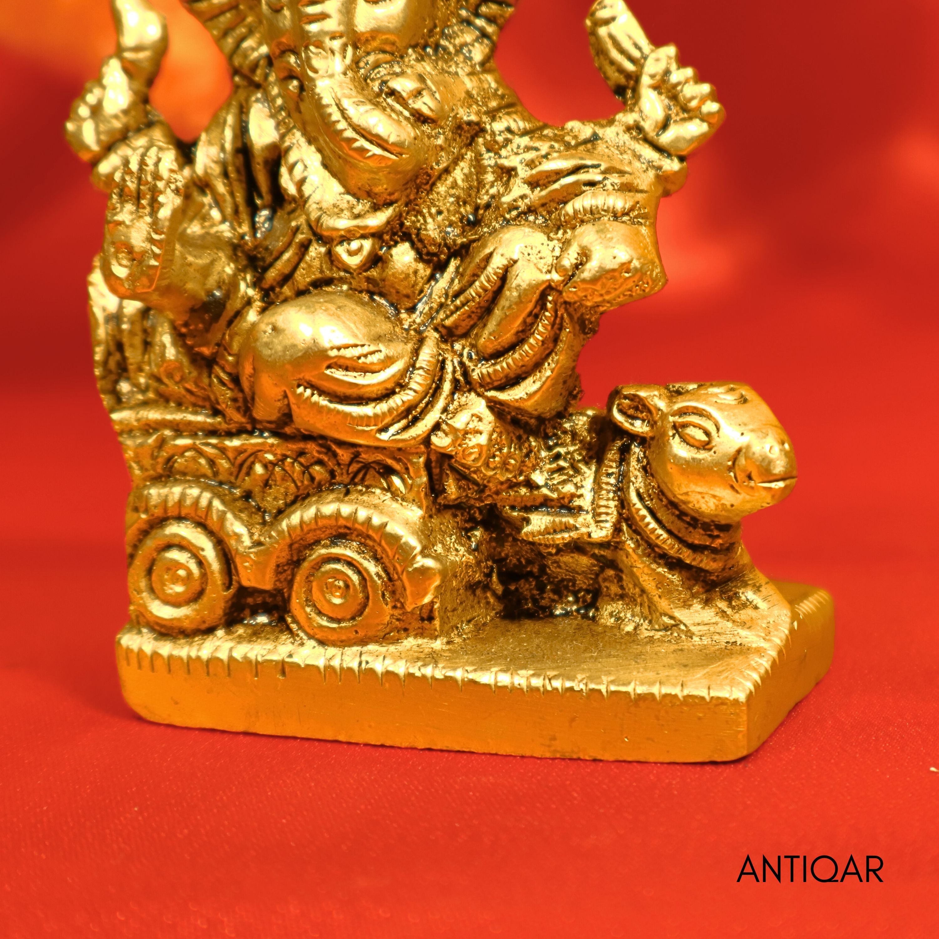 Brass Ganesh Ji on rat-Drawn Chariot – 9 cm | Antique Golden Finish | Handcrafted Idol for Temple, Home & Table Decor