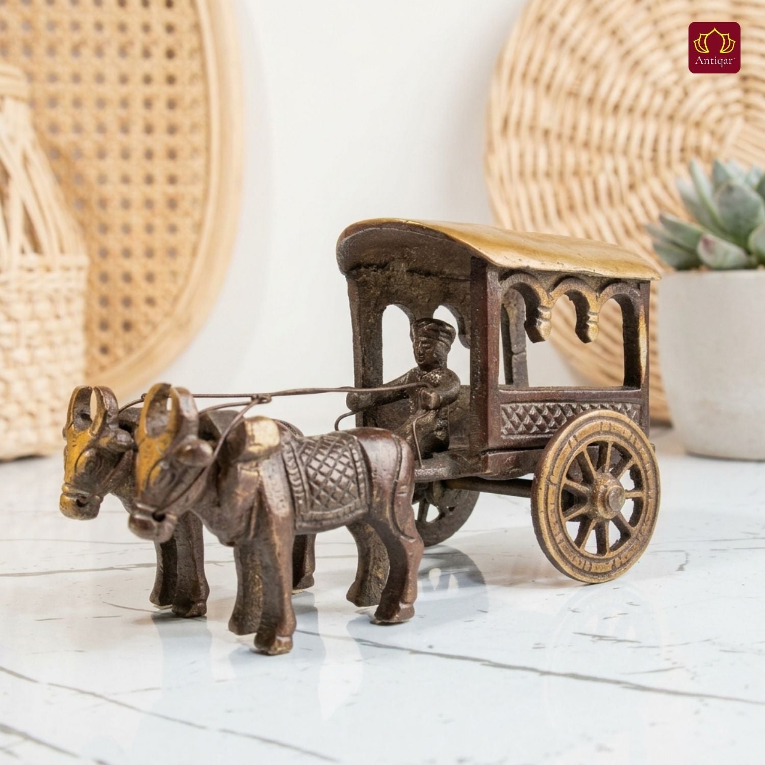 Brass Designer Roof Bullock Cart Golden Showpiece -7.5 | Antique Brown Finish | Handicraft Decorative Showpiece for Home, Table & Office Decor