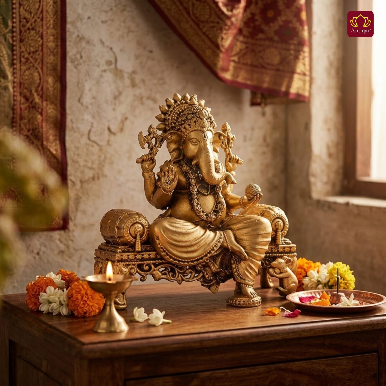 Brass Singhasan Ganesh Idol - 8cm | Antique Golden Finish | Spritual use for Home, Temple & Car dashboard Decor