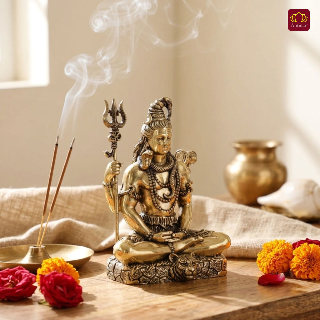 Brass Shiv Ji Idol - 10 cm | Antique Finish with Trisul | Spiritual use for Temple, Home & Car Decor