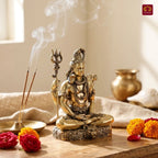 Brass Shiv Ji Idol - 10 cm | Antique Finish with Trisul | Spiritual use for Temple, Home & Car Decor