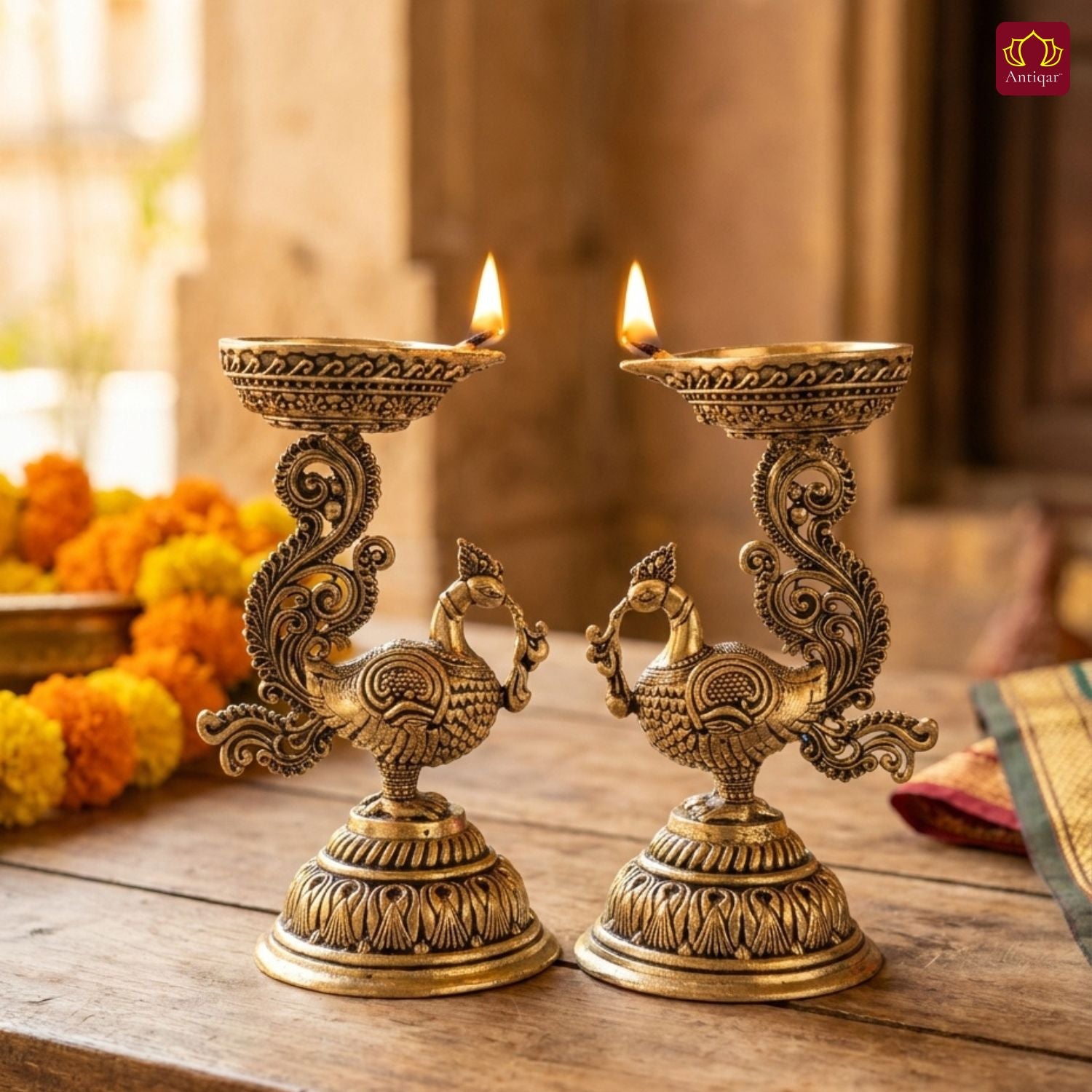Brass Peacock Diya - 8cm | Antique Finish | Spritual use for Pooja, Temple & Festival Decor (Pack of 2)