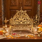 Brass Twin Peacock Embossed Design Laddu Gopal Singhasan – 19.5cm | Antique Golden Finish | Handcrafted Large Size Throne for Temple, Home & Festival Decor
