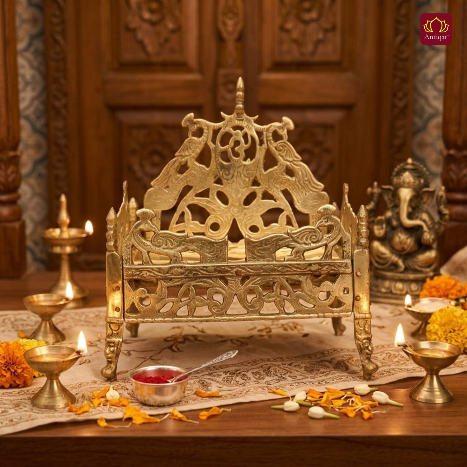 Brass Twin Peacock Embossed Design Laddu Gopal Singhasan – 19.5cm | Antique Golden Finish | Handcrafted Large Size Throne for Temple, Home & Festival Decor