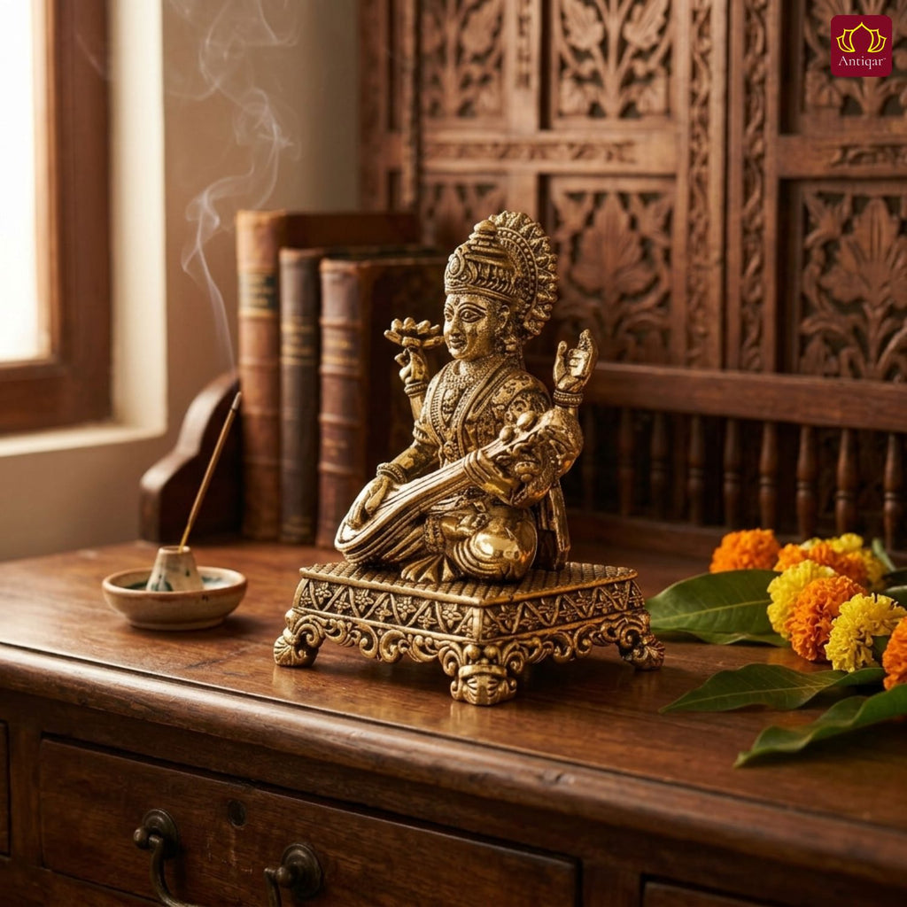 Brass Saraswati Ji Idol - 4.5cm | Antique Golden Finish | Spritual use for Home, Temple & Car dashboard Decor