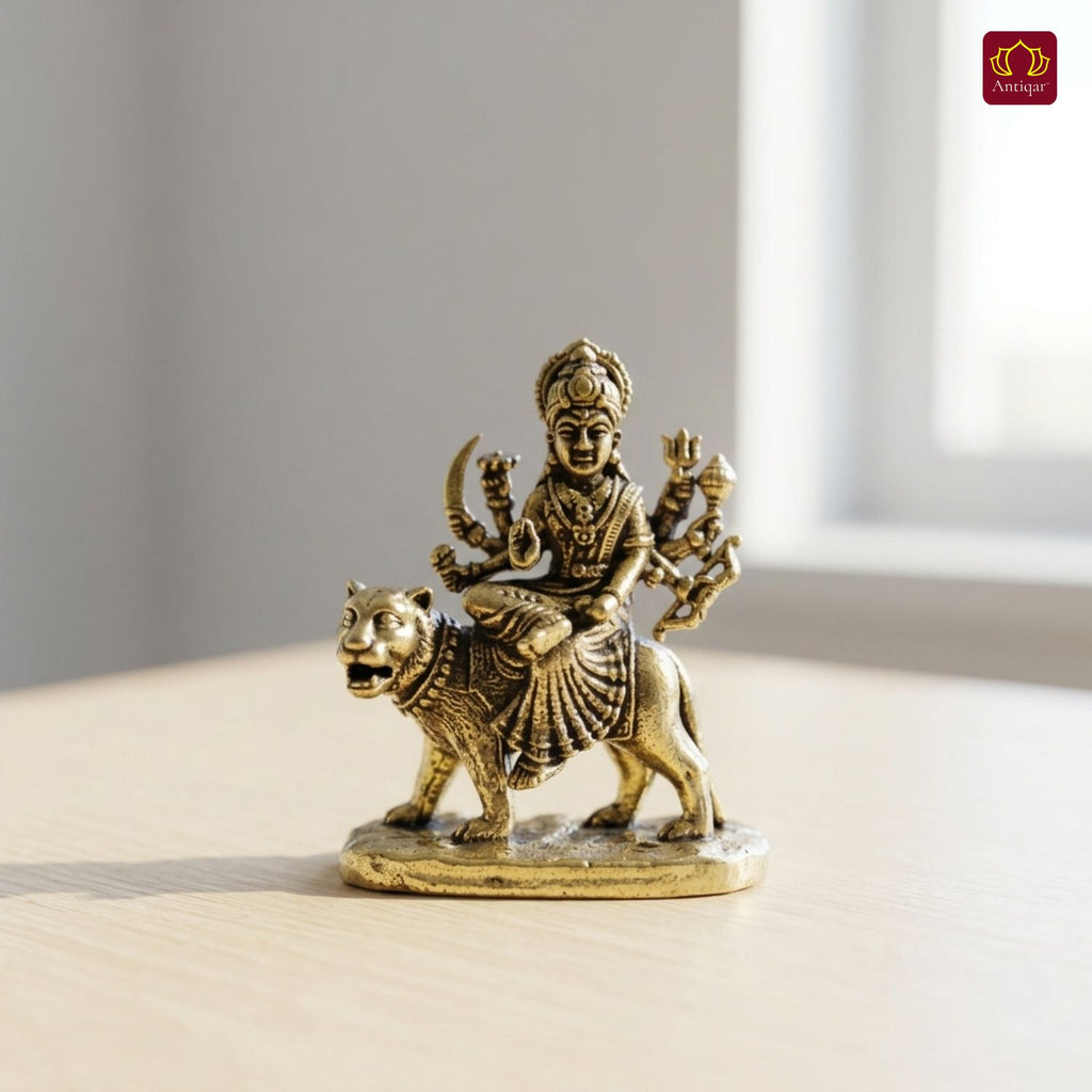 Brass Miniature Sherawali Maa Idol - 4cm | Antique Finish | Spritual use for Home, Temple & Car Dashboard Decor