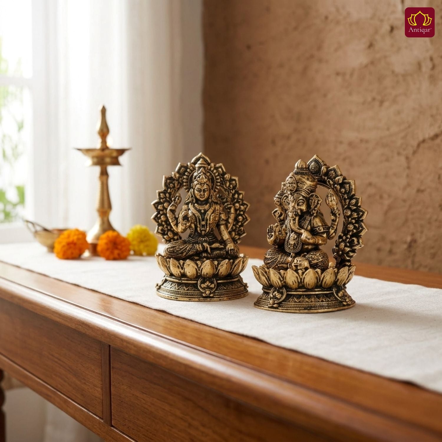 Brass Ganesh Laxmi Pair Idol - 4 cm | Golden Finish With Frame | Spiritual Idol for Temple & Home Decor
