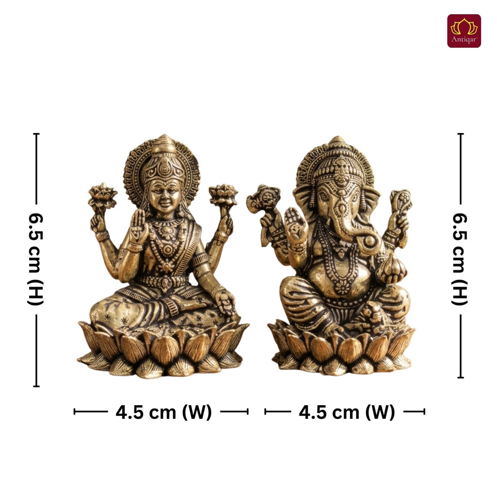 Brass Ganesh Laxmi pair Idol - 6.5cm| Sitting on Lotus | Antique Finish | Spiritual Decor for Temple, Home & Car Dashboard