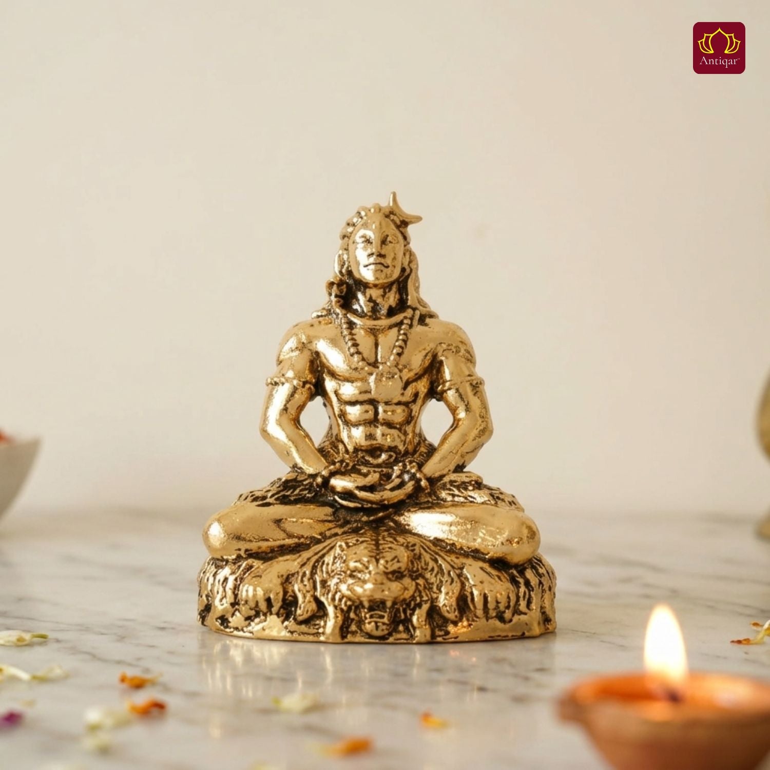 Brass Adiyogi Lord Shiva Idol - 5cm | Golden Finish | Spiritual Idol for Temple & Home Decor