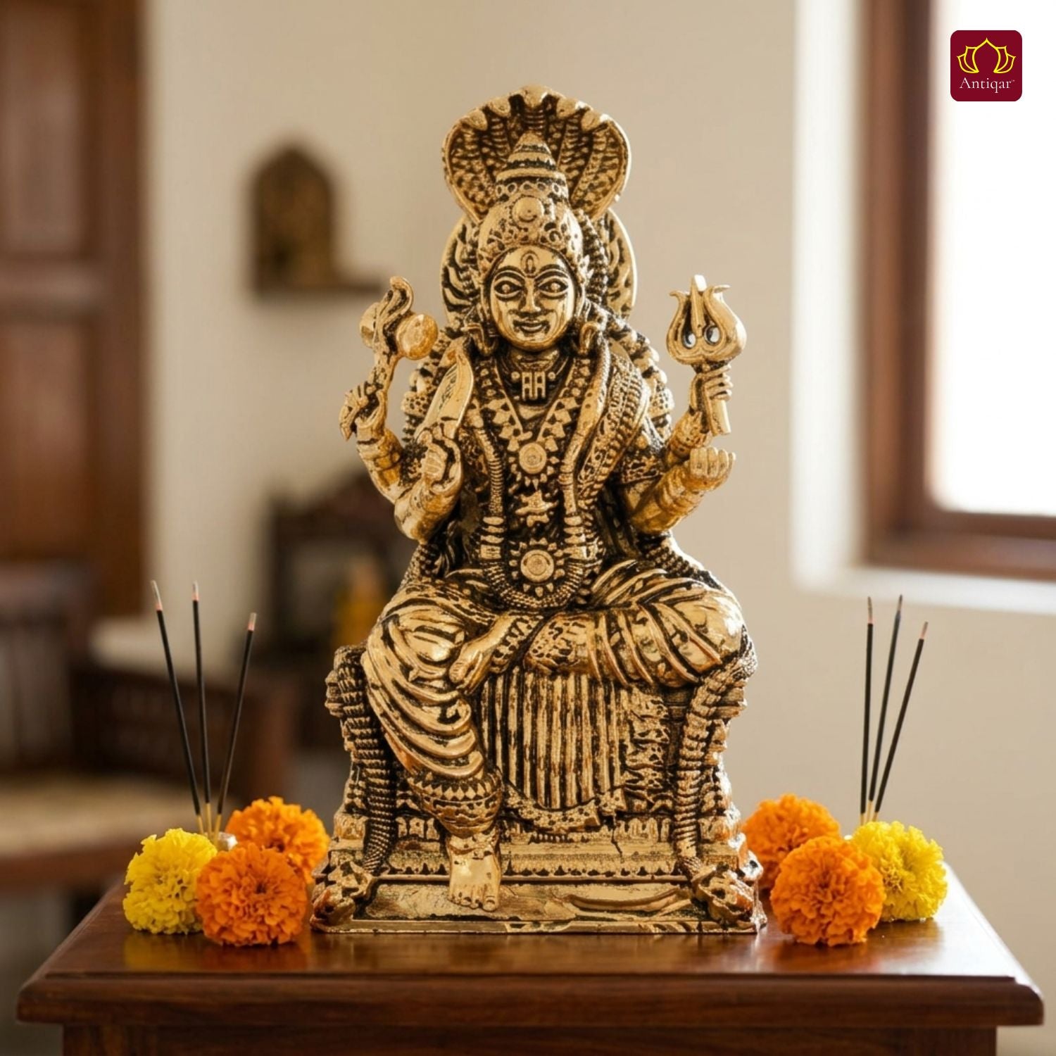 Brass Kurmuri Mariamman Idol – 10 cm | Golden Finish | Spiritual Use for Home, Temple & Car Dashboard Decor