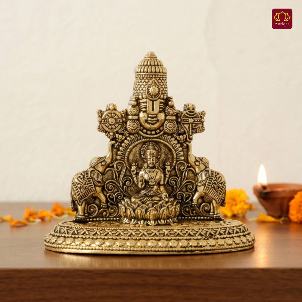 Brass Tirupathi Balaji & Goddess Gajalakshmi with Vaishnava Symbols - 8cm | Golden Finish | Spritual use for Home, Temple & Car dashboard Decor
