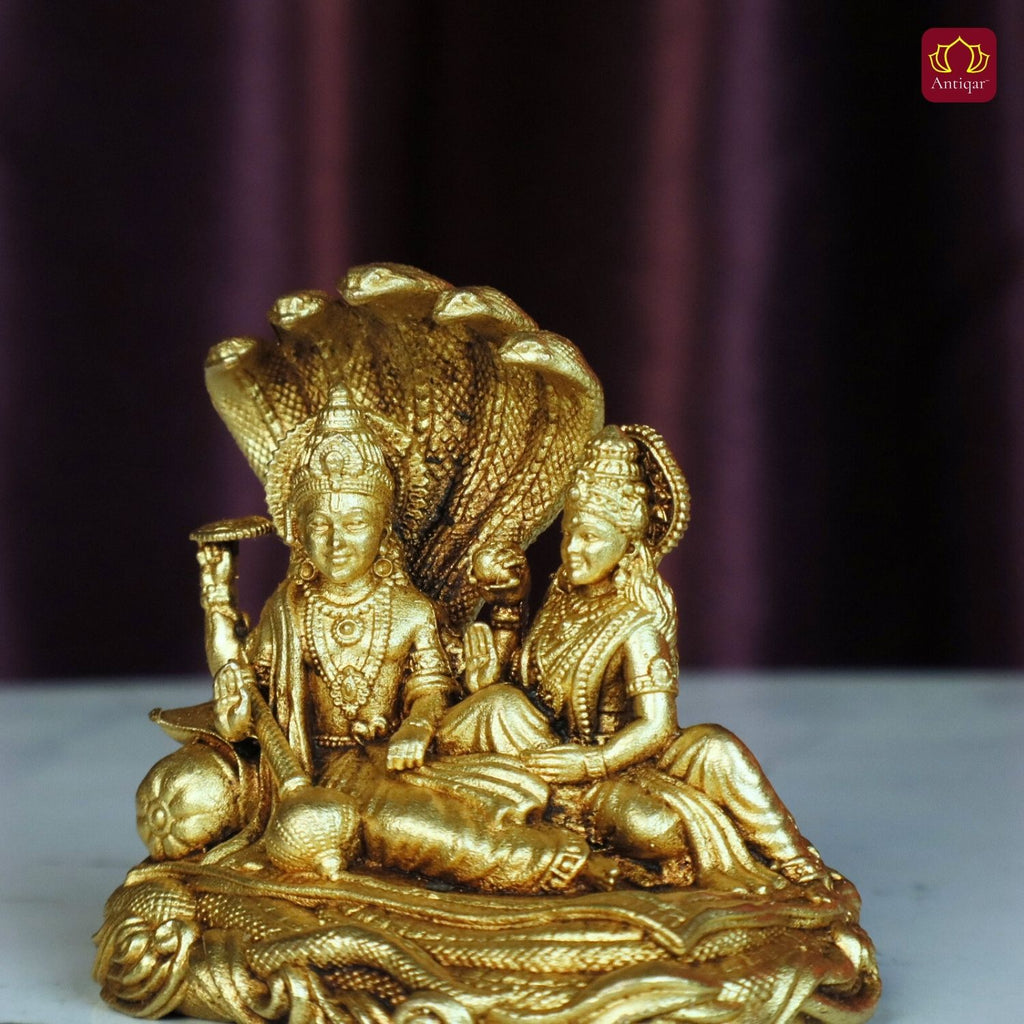 Brass Lakshmi Narayan Idol - 5cm  | Antique Golden Finish | Spiritual Idol for Temple, Home & Car Dashboard Decor