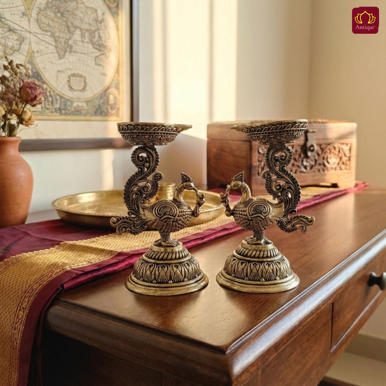 Brass Peacock Diya - 8cm | Antique Finish | Spritual use for Pooja, Temple & Festival Decor (Pack of 2)