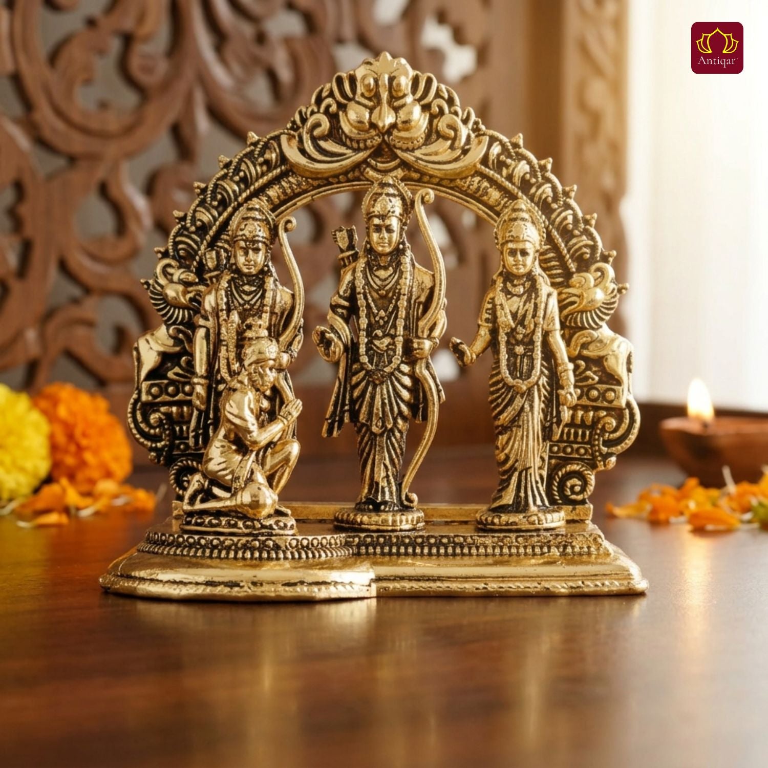 Brass Ram Darbar - 7cm | Antique Golden Finish | Spiritual Idol for Temple & Home Decor