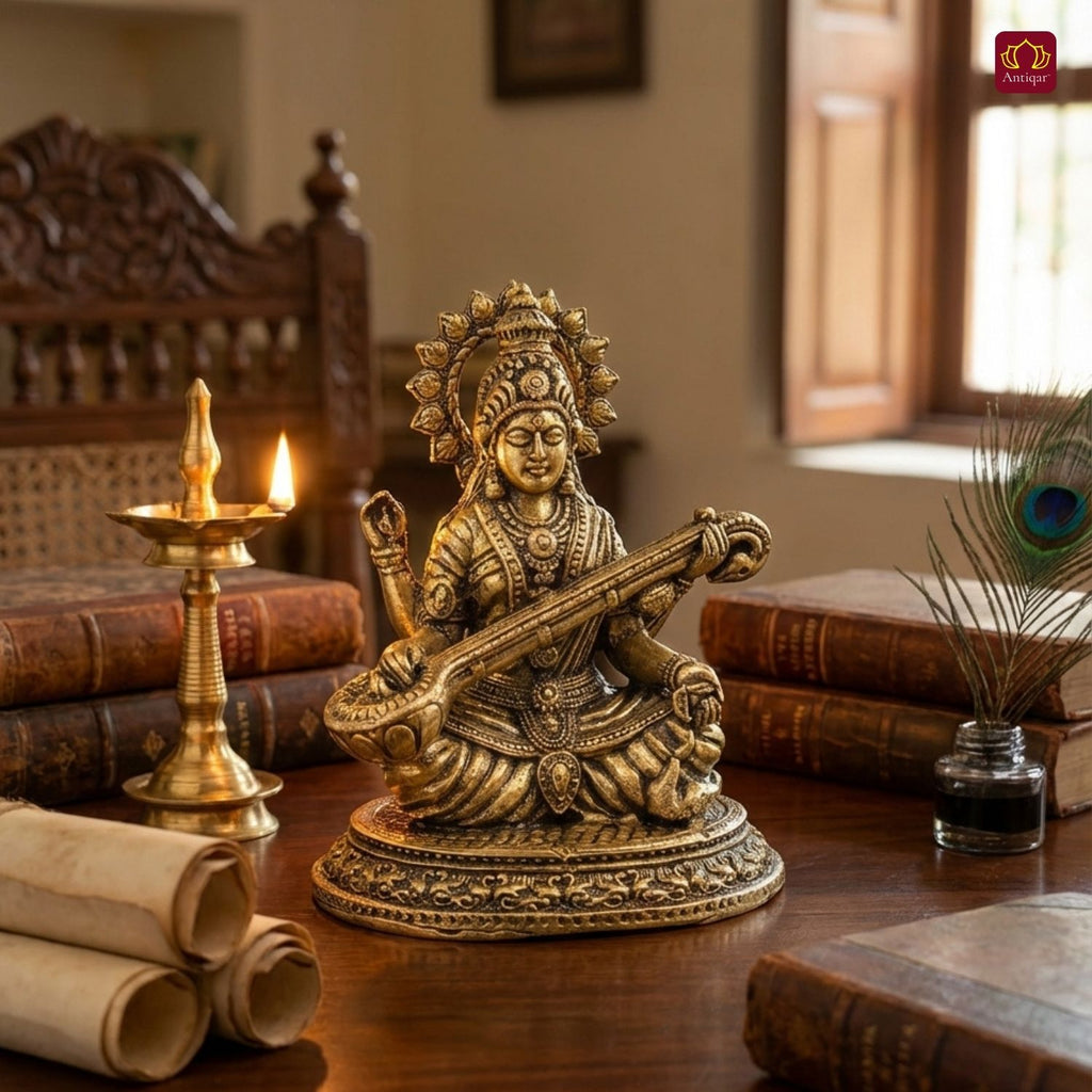 Brass Saraswati Idol - 6.5cm | Antique Finish | Spritual use for Home,Temple & Car Dashboard Decor