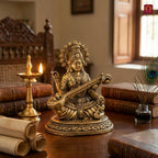 Brass Saraswati Idol - 6.5cm | Antique Finish | Spritual use for Home,Temple & Car Dashboard Decor