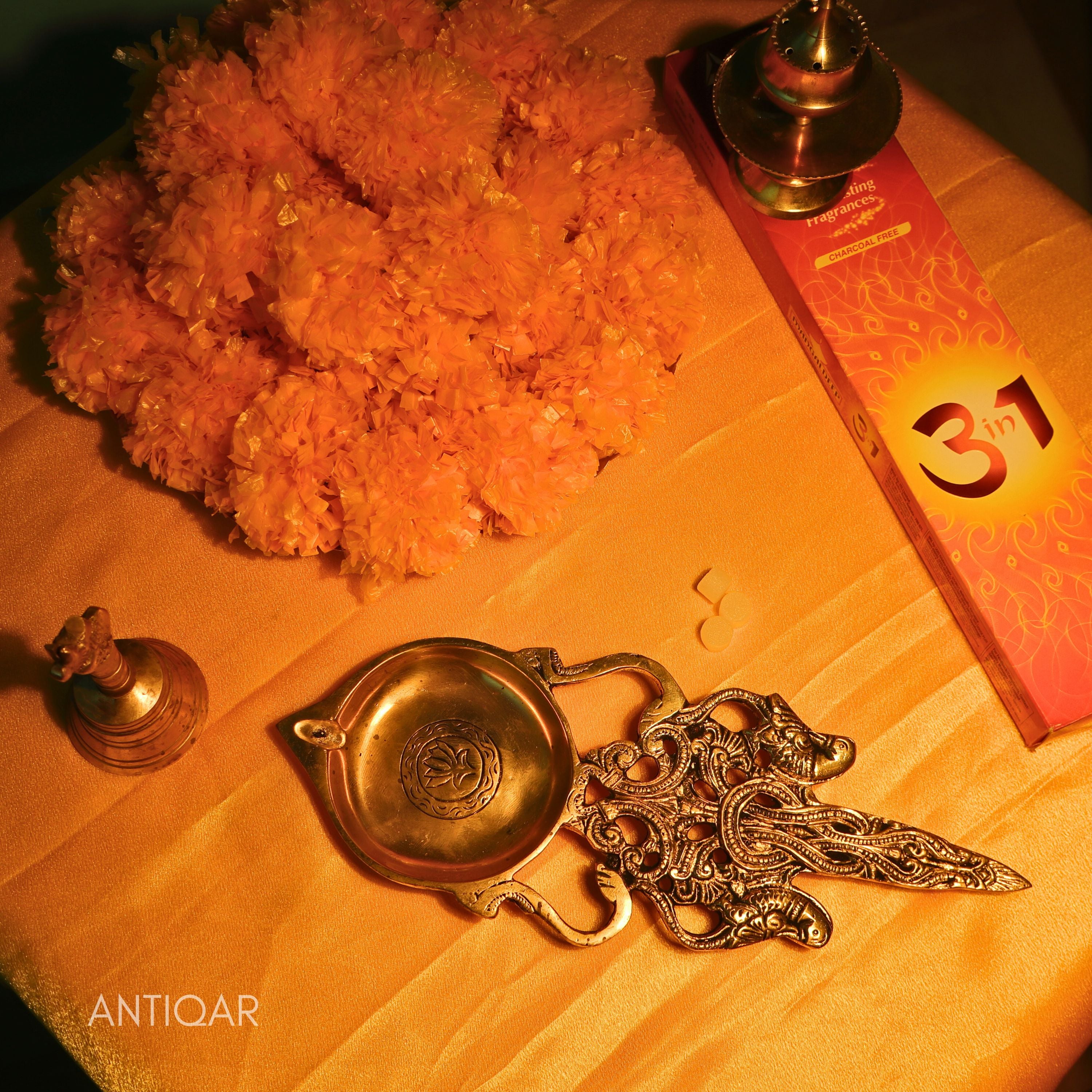 Brass Aarti Diya – 2.5 cm | Ethnic Lotus Design with Carved Holder | Black Antique Finish | Handcrafted for Temple & Home Decor