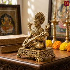 Brass Saraswati Ji Idol - 7cm | Antique Golden Finish | Spritual use for Home, Temple & Car dashboard Decor