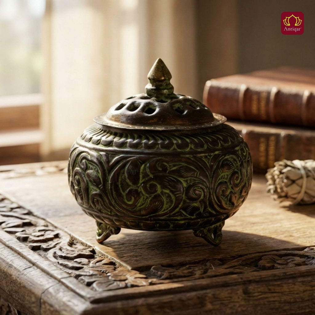 Brass Tibetan Incense Burner - 10cm | Green Patina Finish | Decorative Vessel use for Meditation , Rituals & Aromatherapy