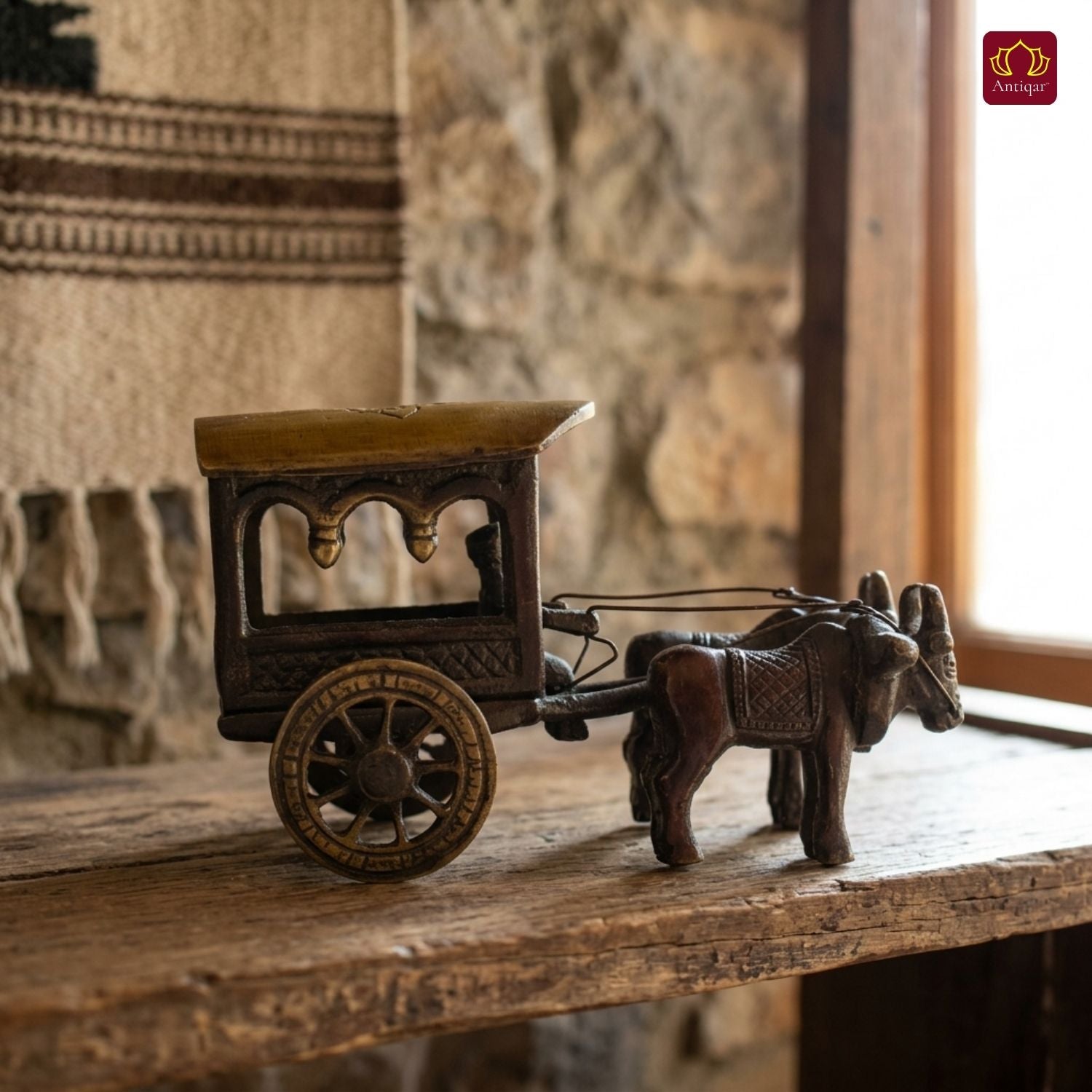 Brass Designer Roof Bullock Cart Golden Showpiece -7.5 | Antique Brown Finish | Handicraft Decorative Showpiece for Home, Table & Office Decor