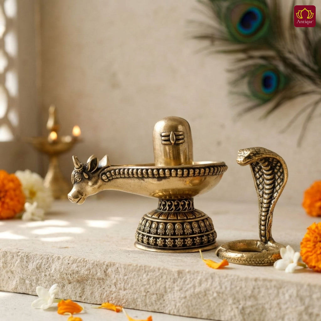 Brass Shivling with Detachable Sheshnaag – 6cm | Golden Finish | Spiritual Idol for Temple & Home Decor