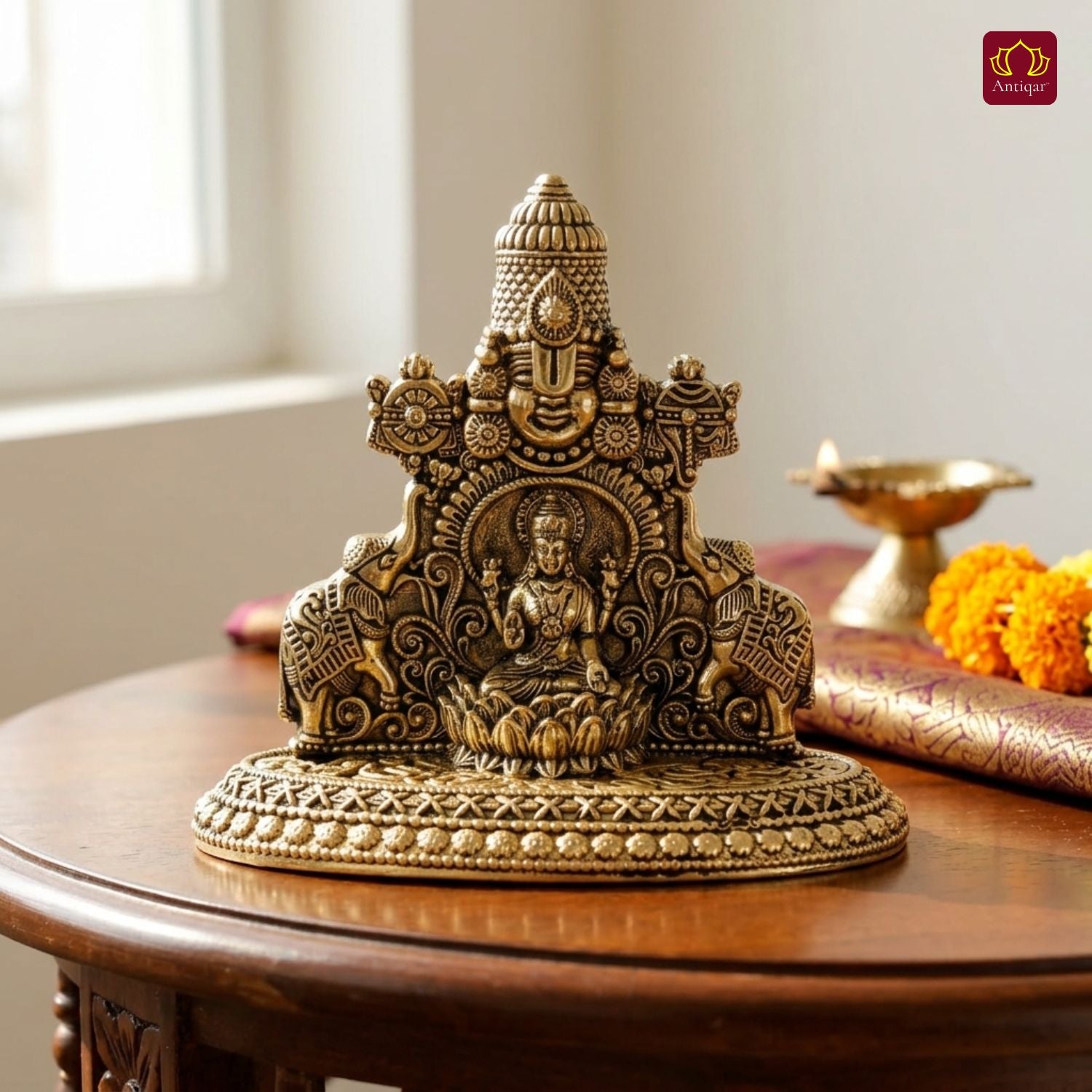 Brass Tirupathi Balaji & Goddess Gajalakshmi with Vaishnava Symbols - 8cm | Golden Finish | Spritual use for Home, Temple & Car dashboard Decor