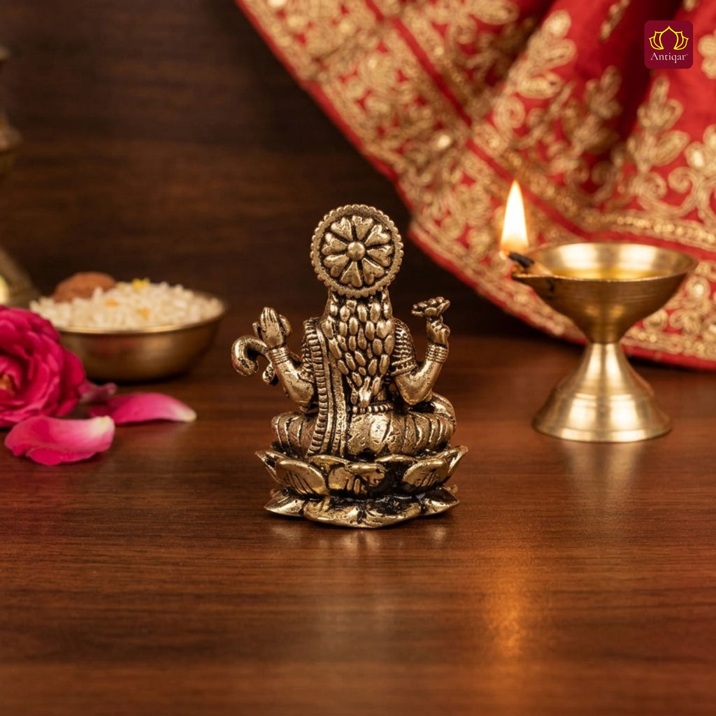 Brass Miniature Saraswati Ji Idol - 3cm | Antique Finish | Spritual use for Home, Temple & Car Dashboard Decor