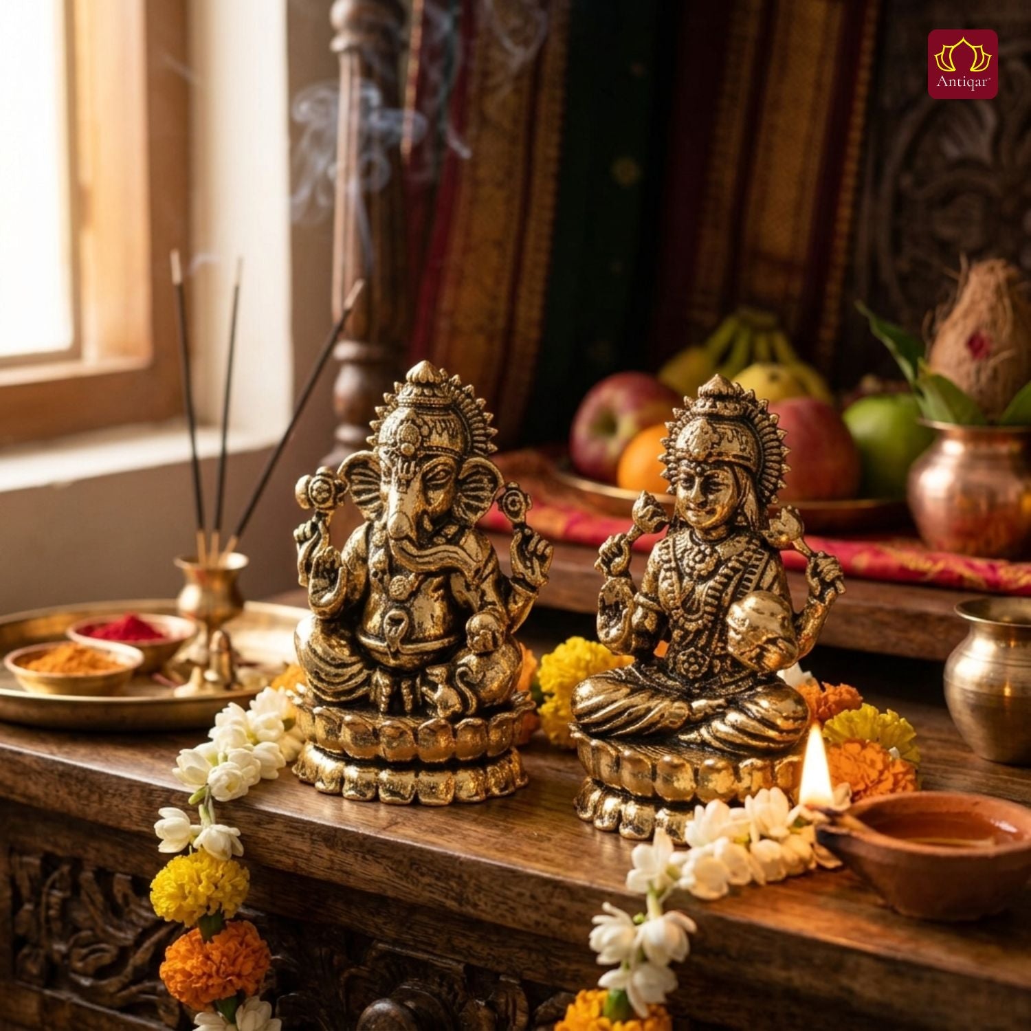 Brass Ganesh Laxmi Pair Idol -4 cm | Golden Finish | Spiritual Idol for Temple & Home Decor