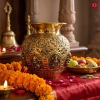 Brass Ashta Lakshmi Kalash - 16cm | Antique Yellow Finish | Spritual use for Pooja, Temple & Festival Decor