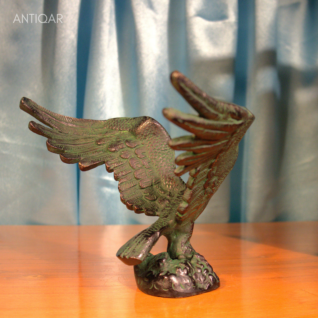Brass Eagle with Spread Wing - 12cm | Black Green Patina Finish | Handcrafted Showpiece for Home Table Decor