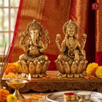 Brass Ganesh Laxmi pair Idol - 7.5cm| Sitting on Lotus | Antique Golden Finish | Spiritual Decor for Temple, Home & Car Dashboard