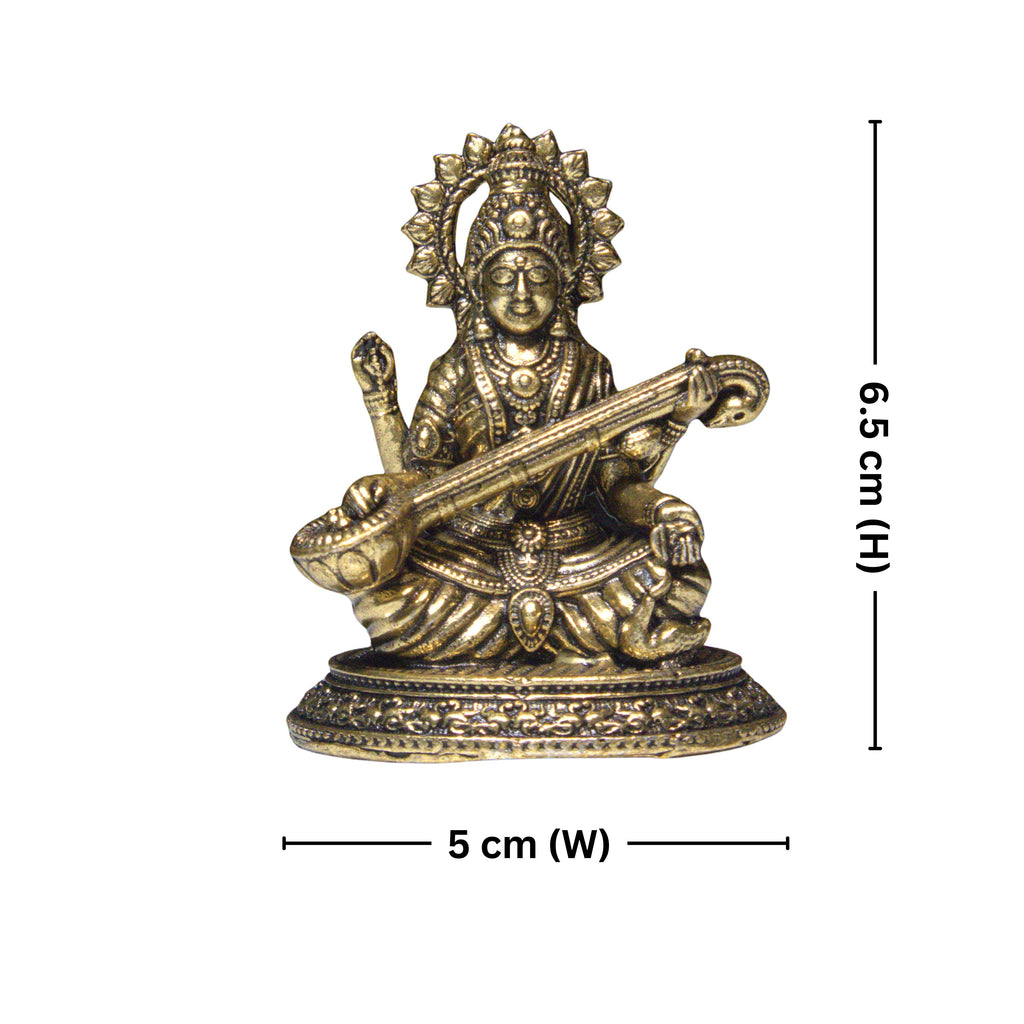 Brass Saraswati Idol - 6.5cm | Antique Finish | Spritual use for Home,Temple & Car Dashboard Decor