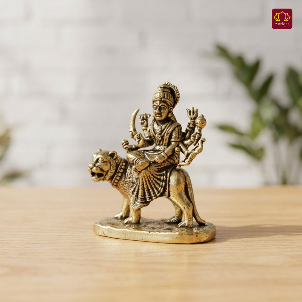 Brass Miniature Sherawali Maa Idol - 2.5cm | Antique Finish | Spritual use for Home, Temple & Car Dashboard Decor