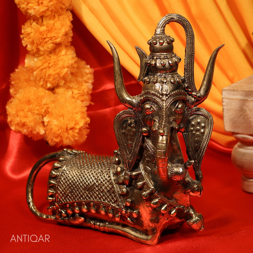 Dhokra Art Brass Nandi – 22 cm | Sitting Pose with Ganesha Face & Trishul on Head | Antique Finish Tribal Handcrafted Showpiece for Temple, Home & Table Decor