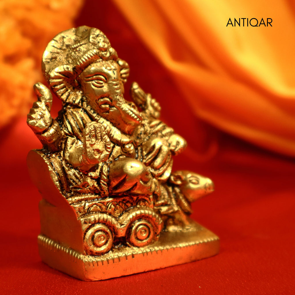 Brass Ganesh Ji on rat-Drawn Chariot – 9 cm | Antique Golden Finish | Handcrafted Idol for Temple, Home & Table Decor