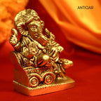 Brass Ganesh Ji on rat-Drawn Chariot – 9 cm | Antique Golden Finish | Handcrafted Idol for Temple, Home & Table Decor