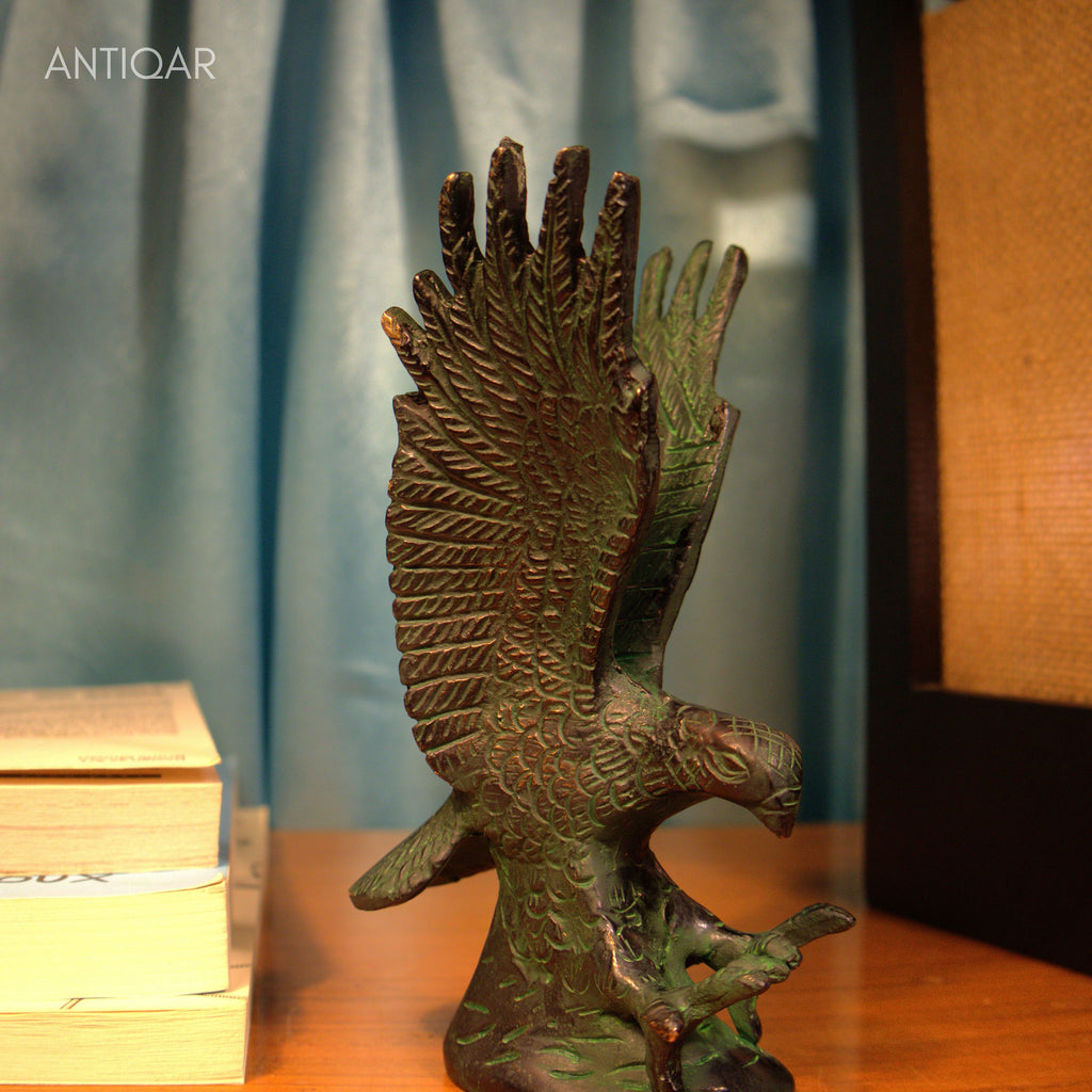 Brass Eagle with Upward Wing - 15.5cm | Green Patina Finish | Handcrafted Showpiece for Home Table Decor