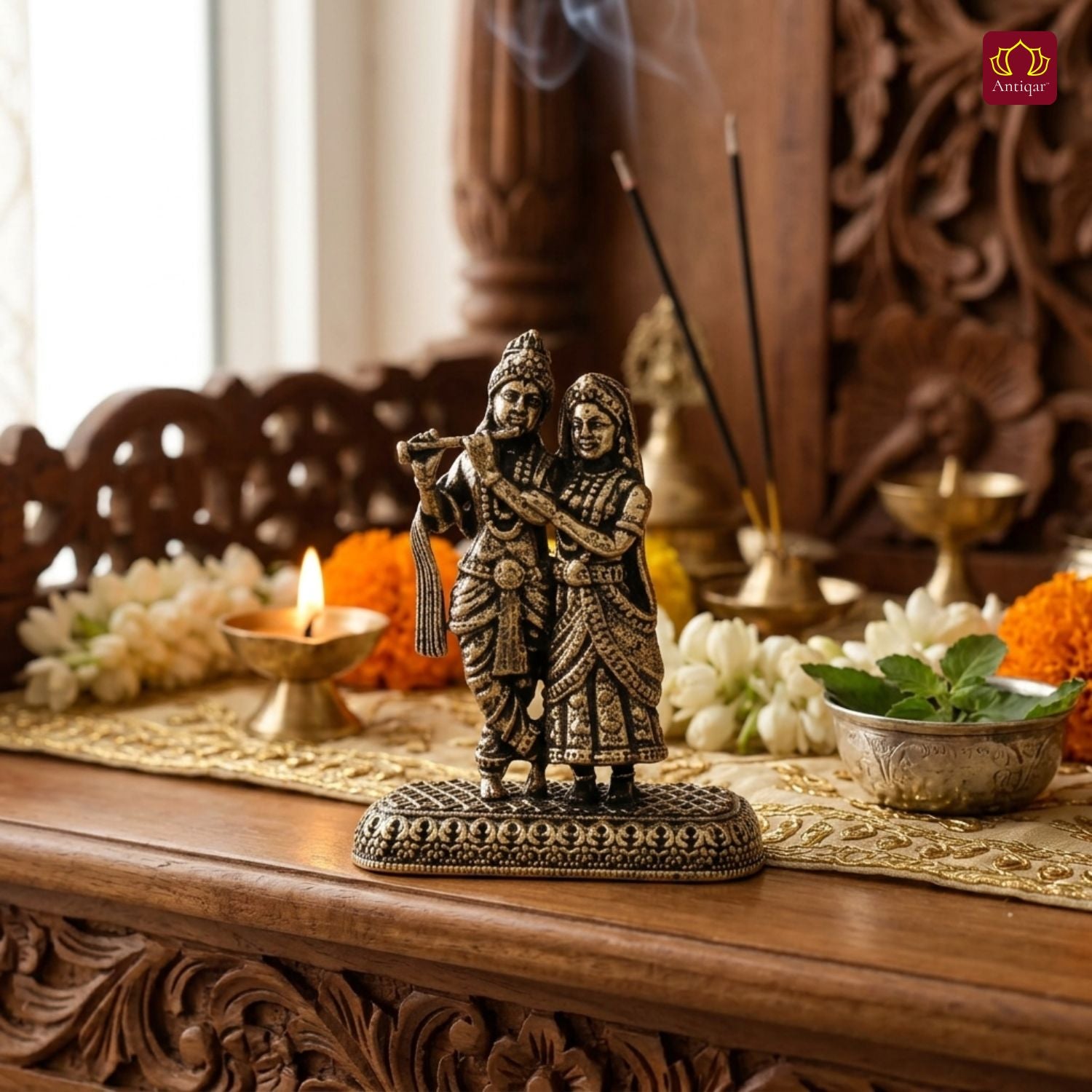 Brass Miniature RadhaKrishna Idol -4cm | Golden Finish | Spritual use for Home, Temple & Car Dashboard Decor