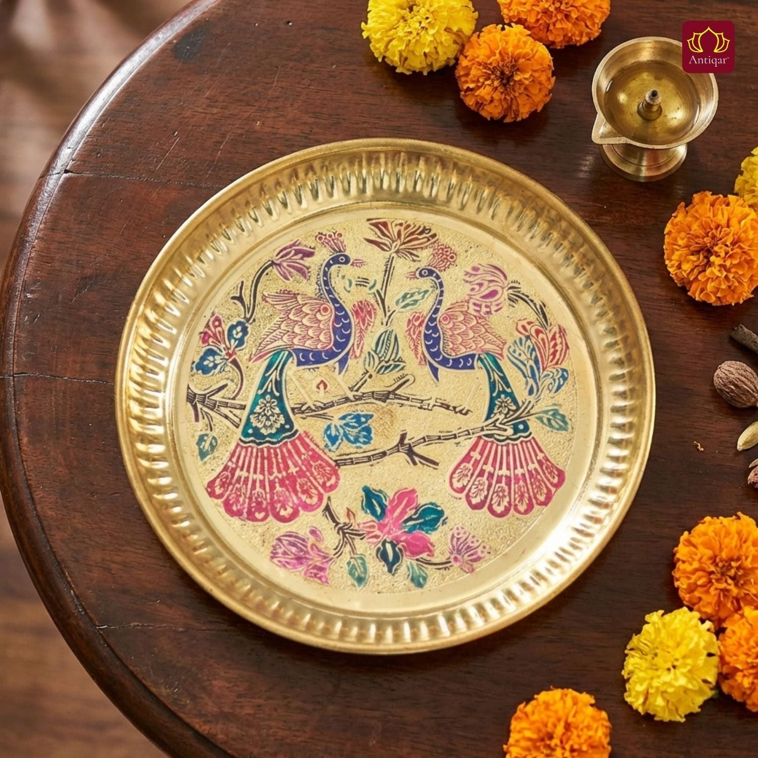 Brass Meenakari Etched Plate – 18 cm | Embossed Peacock & Floral Design | Ideal for Serving Sweets, Fruits & Bhog Offerings