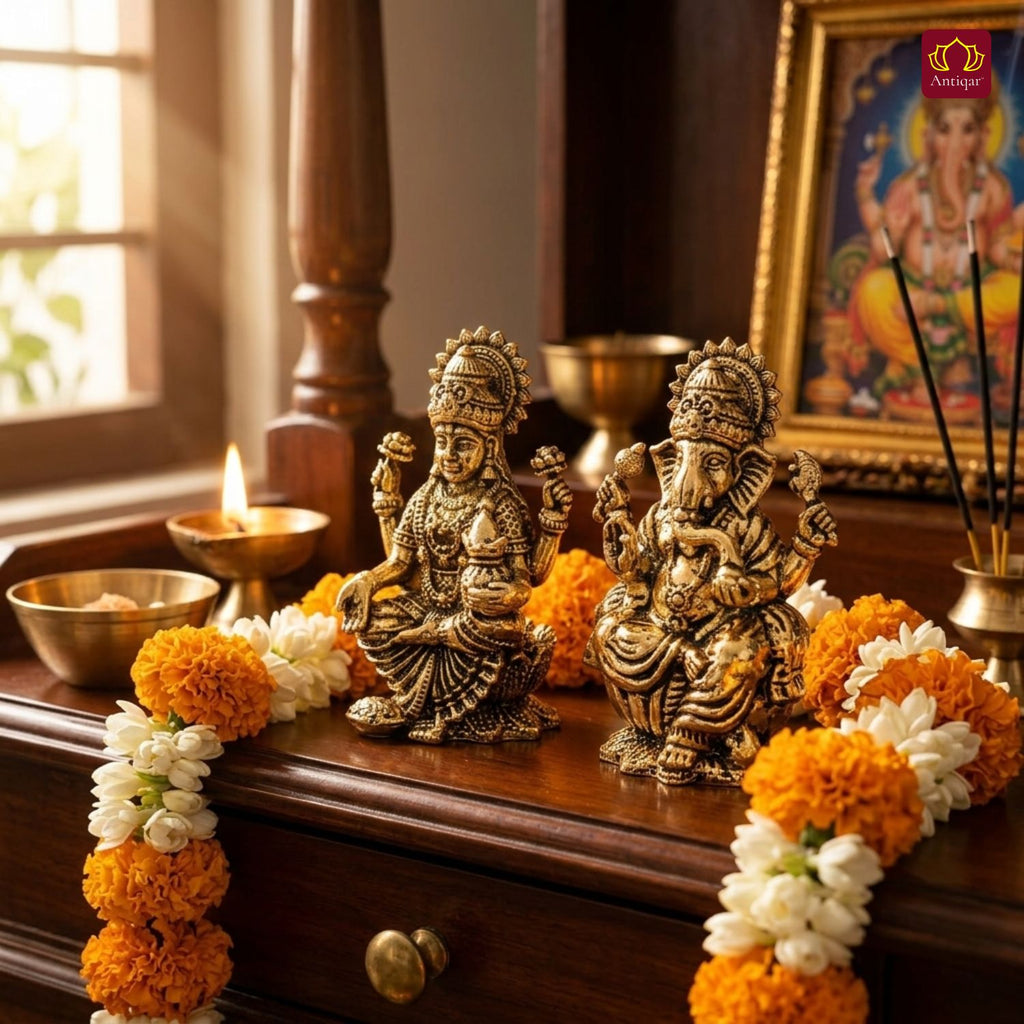 Brass Ganesh Laxmi Pair Idol - 5 cm | Golden Finish | Spiritual Idol for Temple & Home Decor
