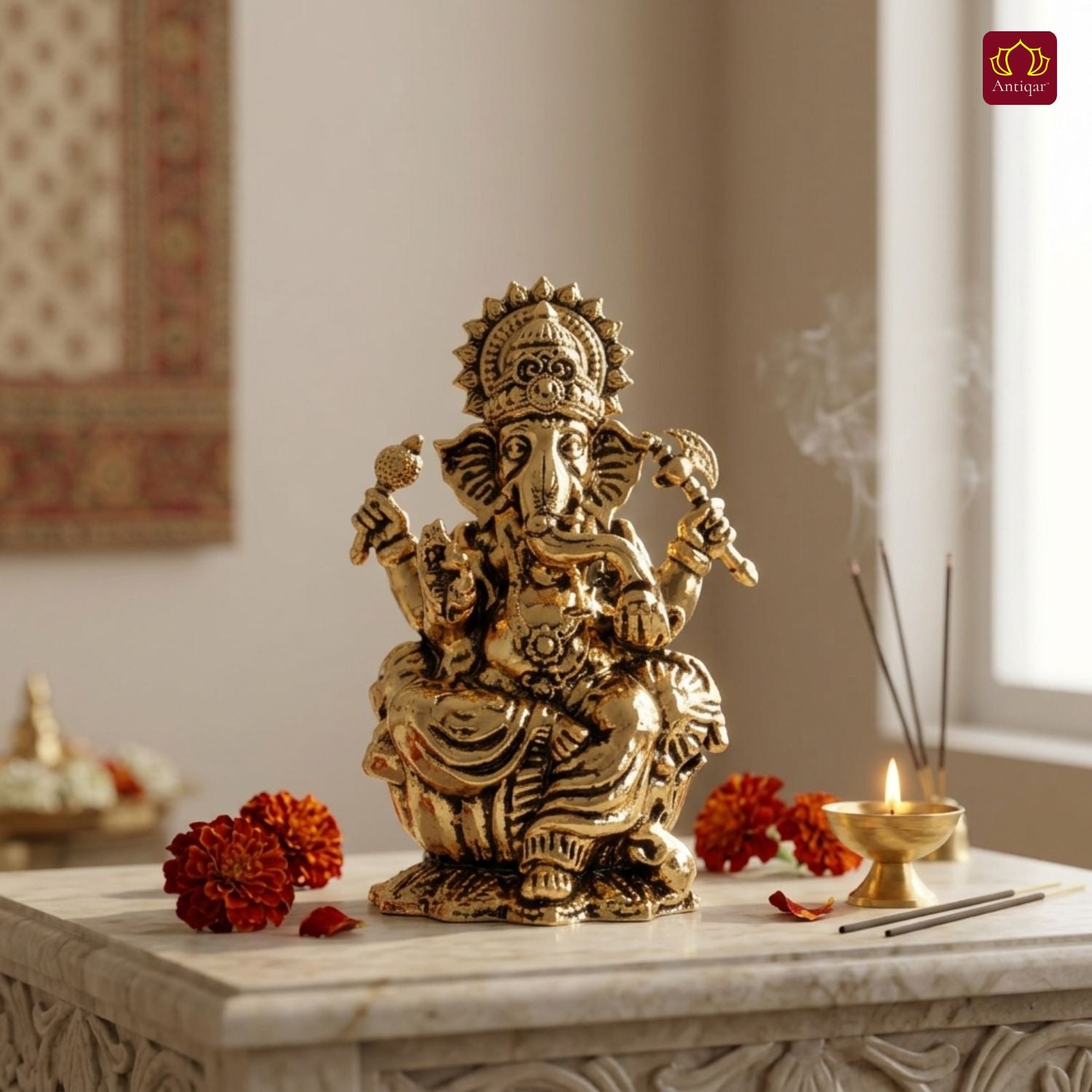 Brass Ganesh JI Idol - 4cm | Golden Finish | Spiritual Decor for Temple, Home & Car Dashboard