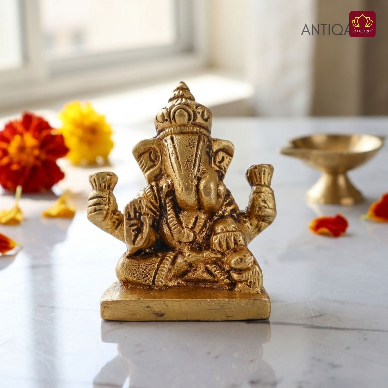 Brass Ganesh Ji Idol – 6 cm | Sitting Position | Antique Golden Finish | Handcrafted Decor for Temple, Home & Festival Use