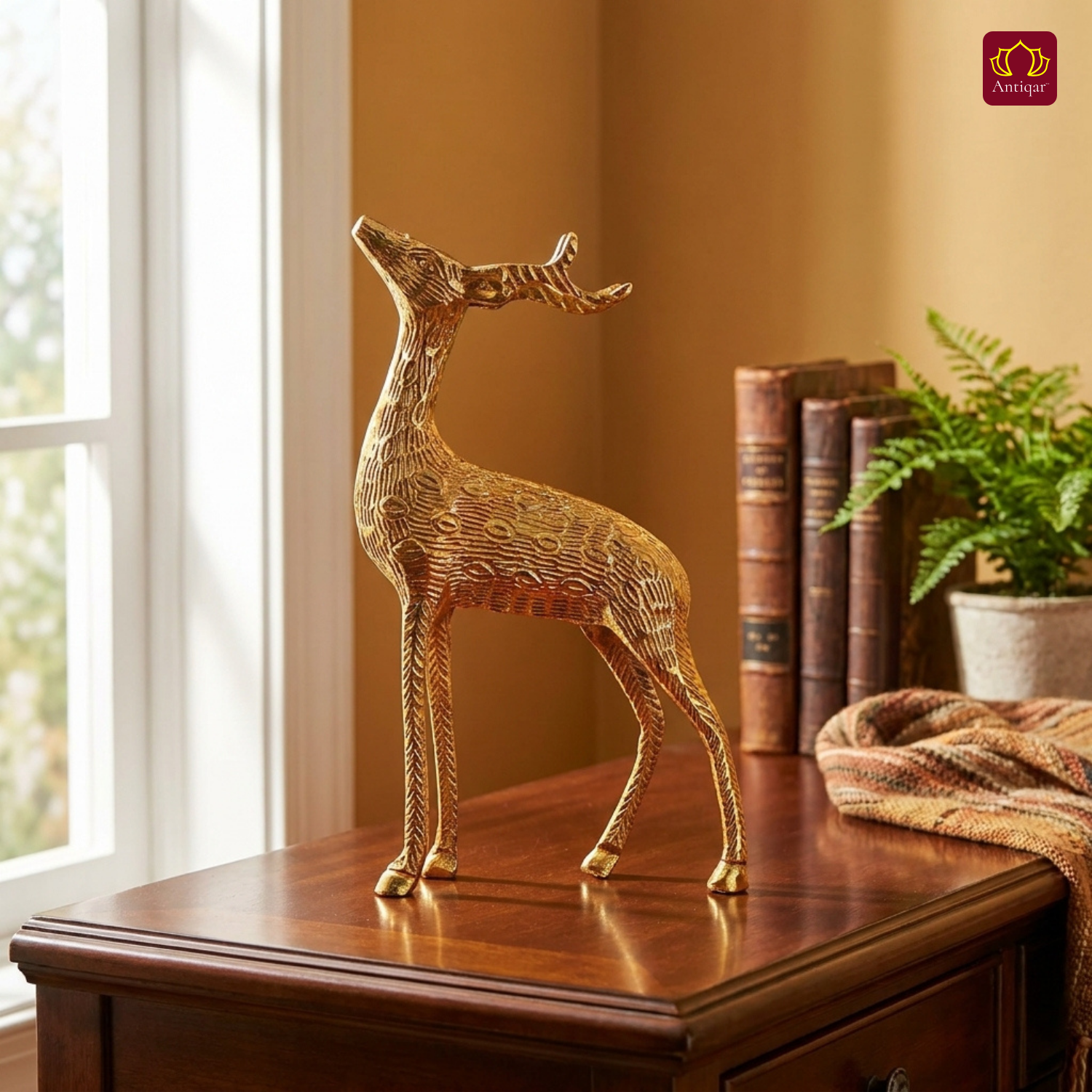 Antiqar Brass Deer Figurine with Antlers | Premium Superfine Finish | Handcrafted Artwork | Home & Office Décor | Ideal for Gifting