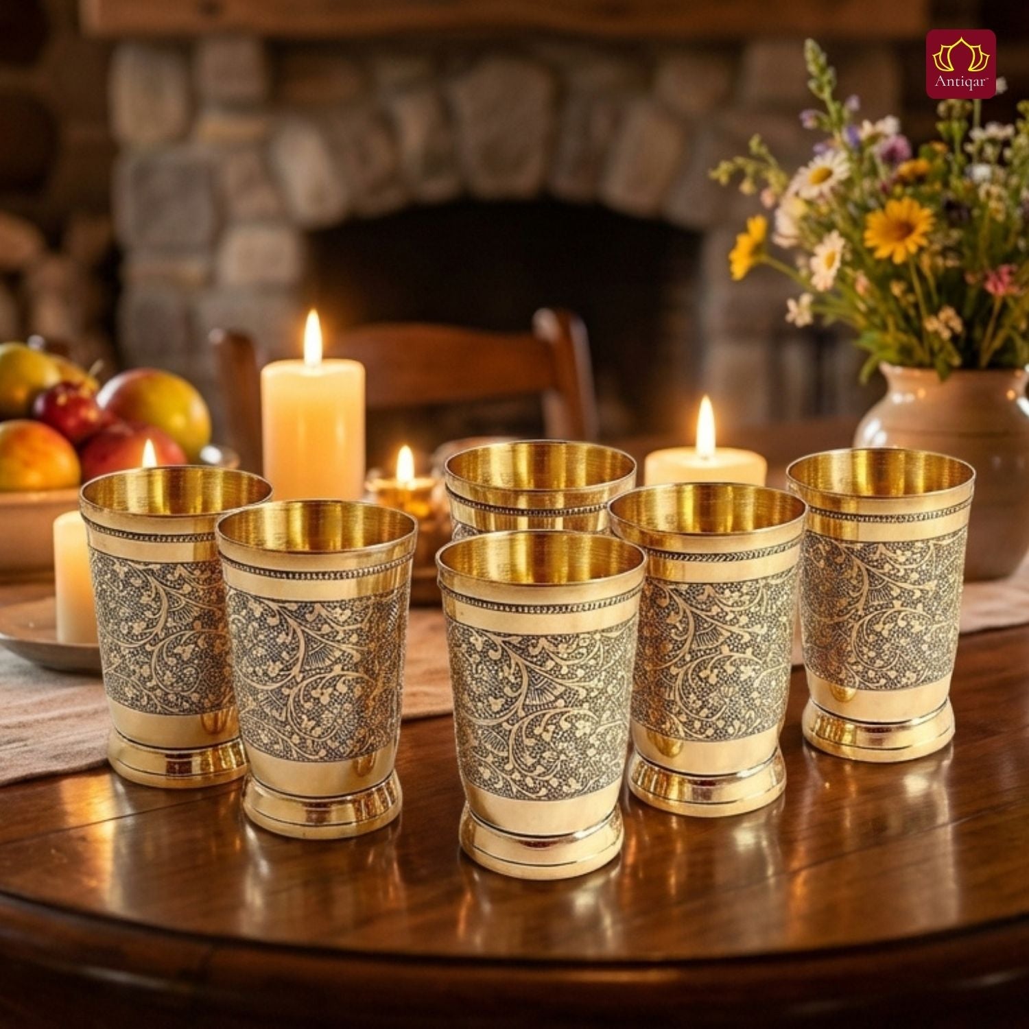 Brass Etching Design Glass - 10.5cm | Serve water & Milks | Antique Golden Finish | Traditional Mughlai Style use for serving in Kitchen, Festivals and Restaurents  (Pack of 6 set)