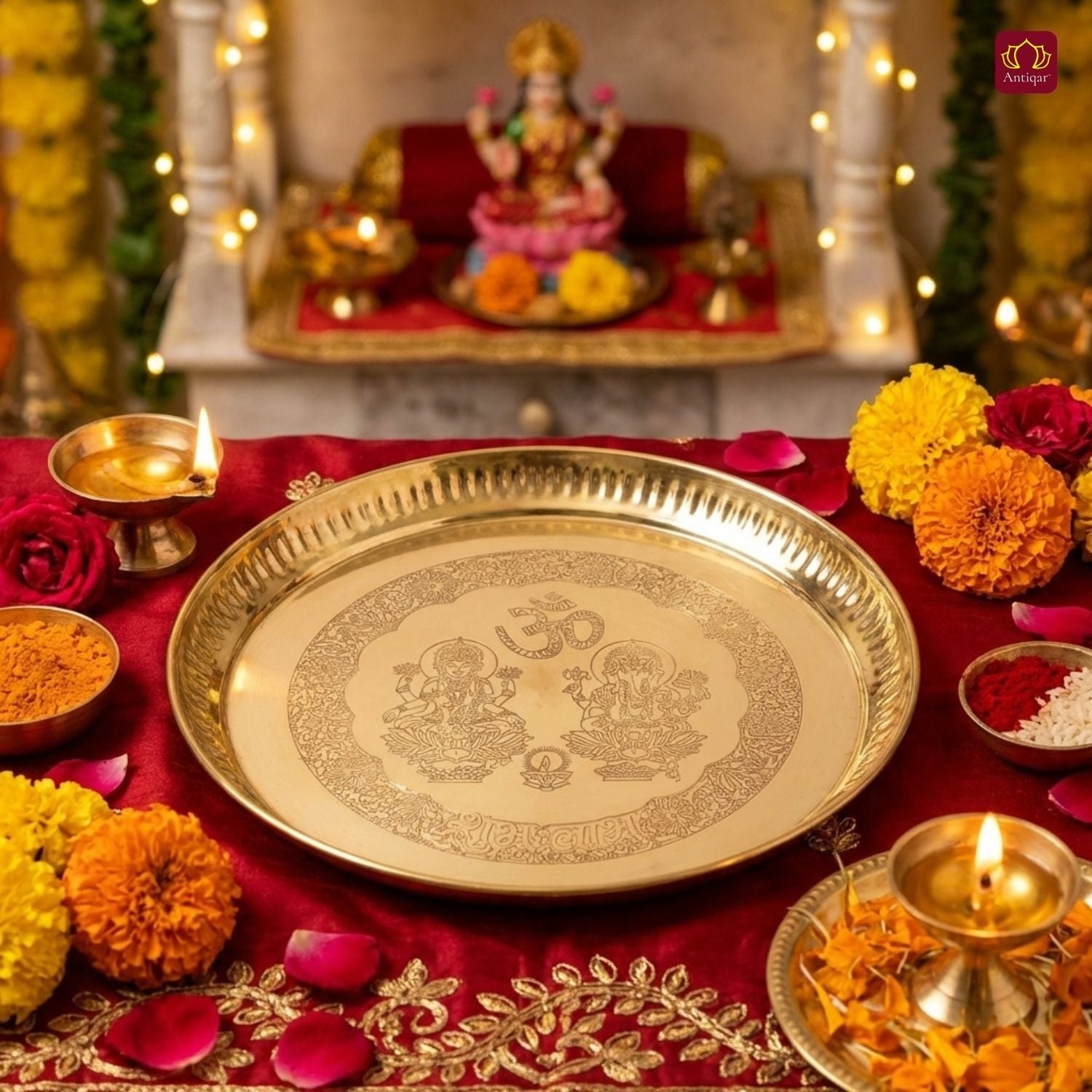 Brass Pooja Plate - 15.5cm diameter | Etched Design with Ganesh Laxmi, Diya & Shubh Labh | Ideal for Temple & Home Rituals