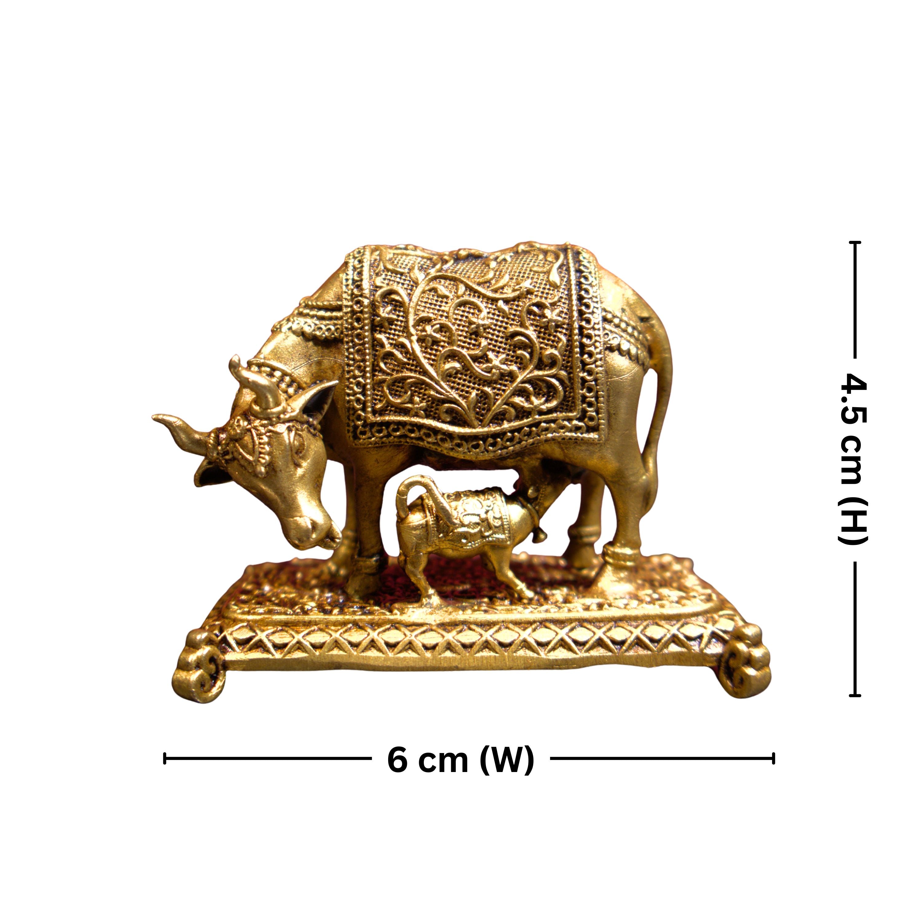 Brass Kamdhenu Cow & Calf Figurine - 4.5cm | Antique Golden Finish | Spritual use for Home, Temple & Dashboard Decor