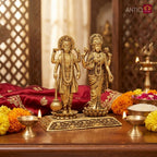 Brass Laxmi Narayan pair Idol - 8cm | Standing on Lotus | Antique Finish | Spiritual Idol for Temple & Home Decor